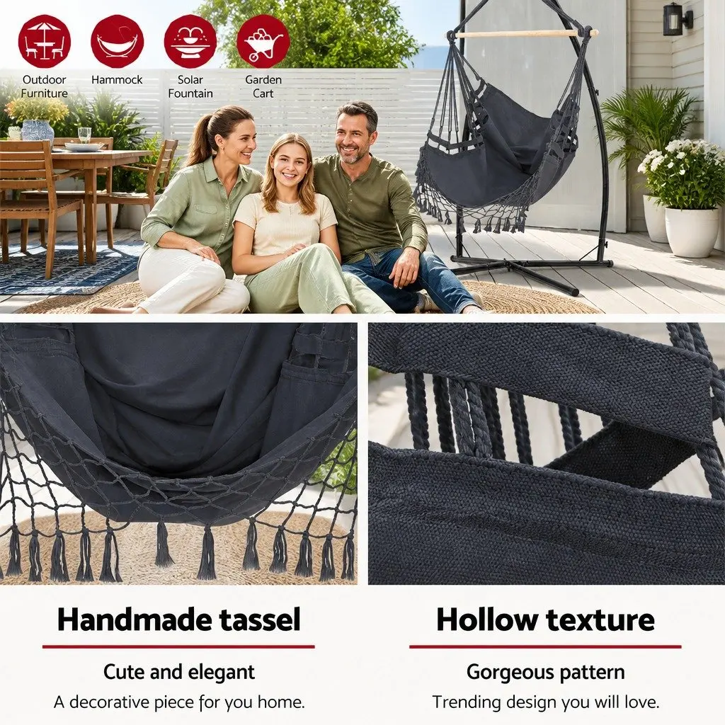 Hammock Chair with Steel Stand Hanging Outdoor Tassel Grey Relaxation Swing