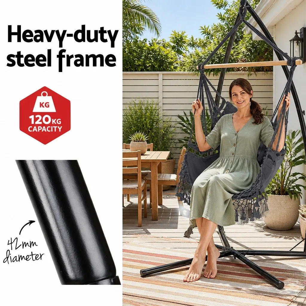 Hammock Chair with Steel Stand Hanging Outdoor Tassel Grey Relaxation Swing