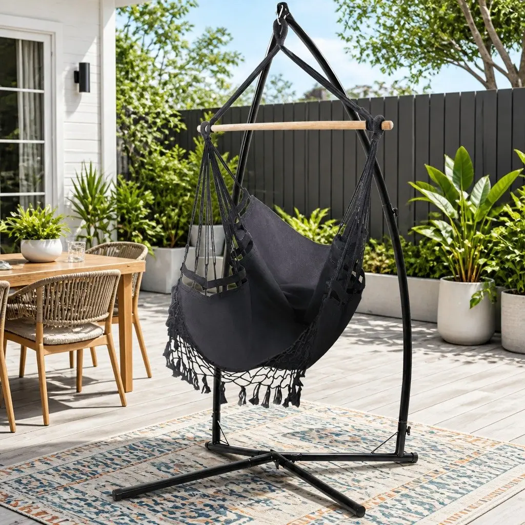 Hammock Chair with Steel Stand Hanging Outdoor Tassel Grey Relaxation Swing