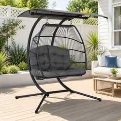 Outdoor Egg Swing Chair 2 Seater Pod Stand Wicker Furniture with Canopy Grey