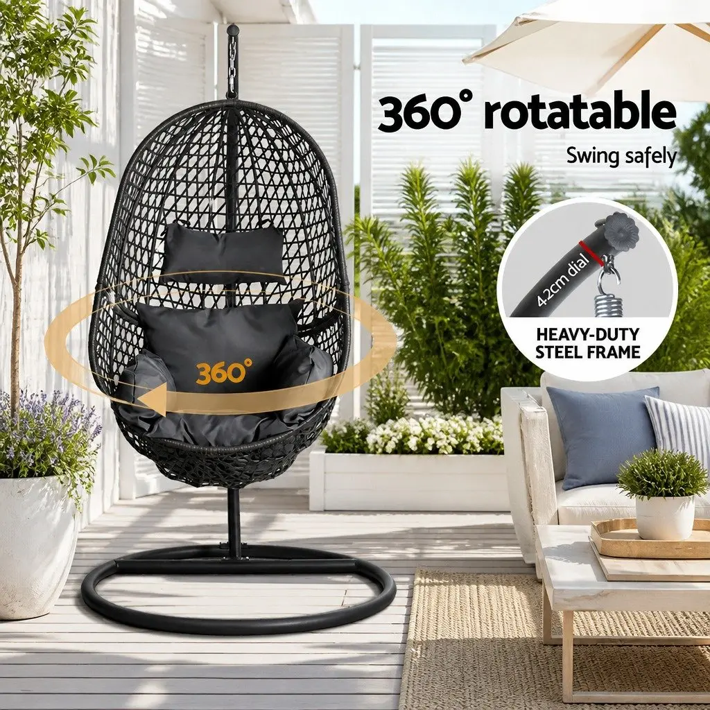 Outdoor Swing Chair Black 360 Degree Rotatable Resin Wicker with Stand and Cushion