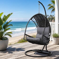 Hanging Egg Swing Chair with Stand Outdoor Wicker Pod Armrest Black