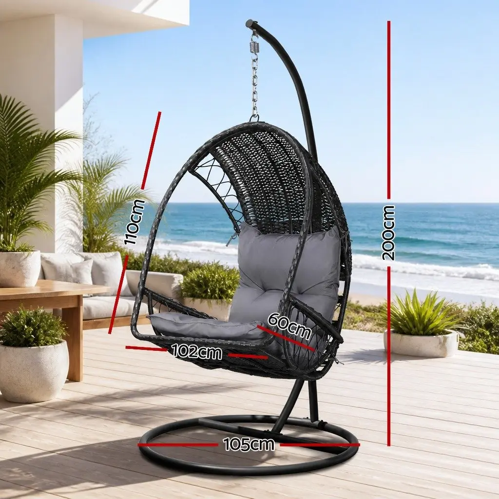 Hanging Egg Swing Chair with Stand Outdoor Wicker Pod Armrest Black