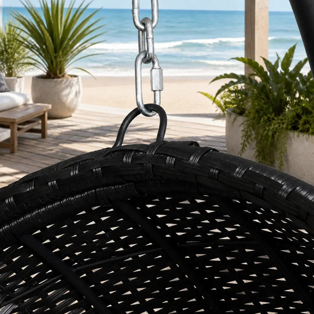 Hanging Egg Swing Chair with Stand Outdoor Wicker Pod Armrest Black