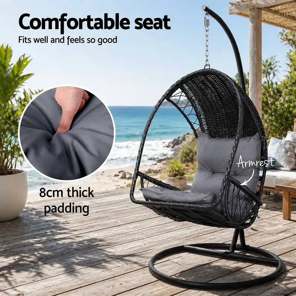 Hanging Egg Swing Chair with Stand Outdoor Wicker Pod Armrest Black