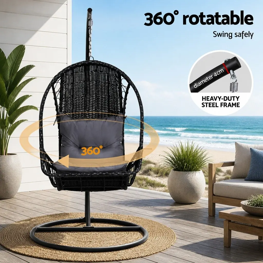 Hanging Egg Swing Chair with Stand Outdoor Wicker Pod Armrest Black