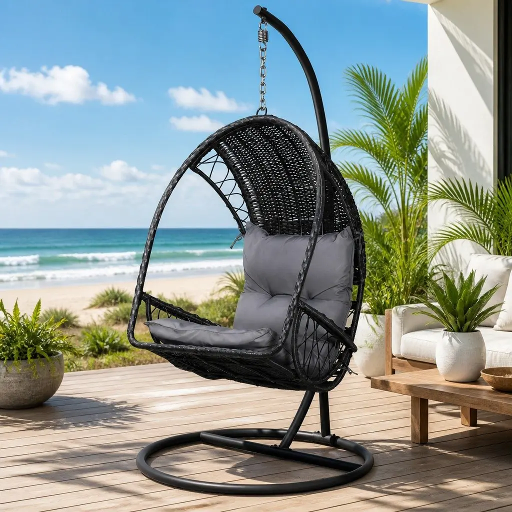 Hanging Egg Swing Chair with Stand Outdoor Wicker Pod Armrest Black