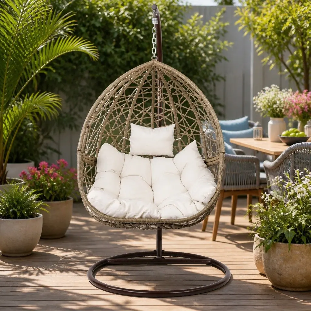 Hanging Egg Chair Outdoor Wicker Pod Swing Rattan Stand Cushion Latte Patio