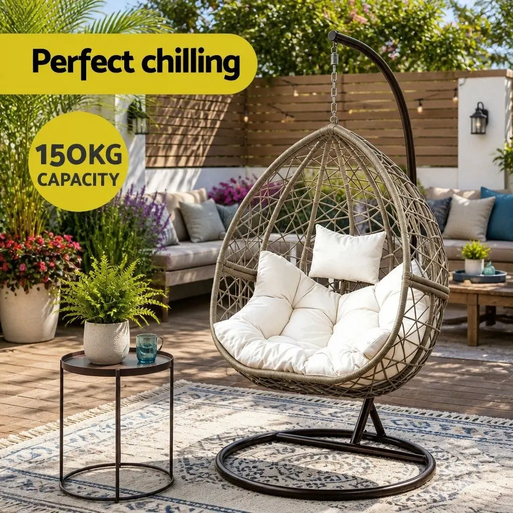 Hanging Egg Chair Outdoor Wicker Pod Swing Rattan Stand Cushion Latte Patio