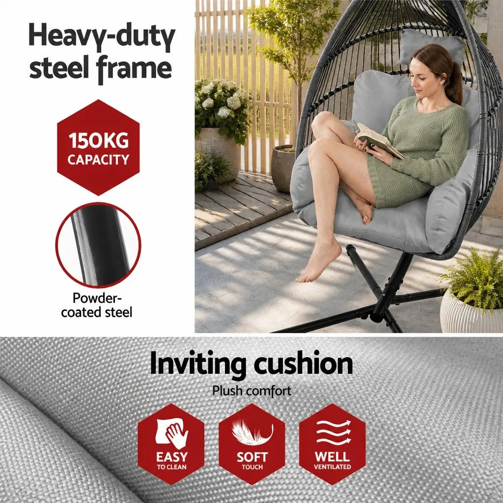 Hanging Egg Swing Chair Wicker Pod Stand Outdoor Furniture Cushion Grey