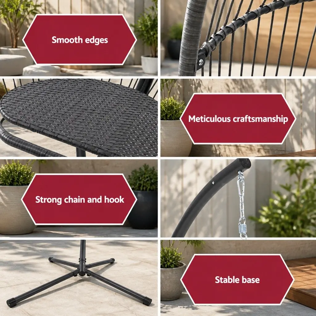 Hanging Egg Swing Chair Wicker Pod Stand Outdoor Furniture Cushion Grey