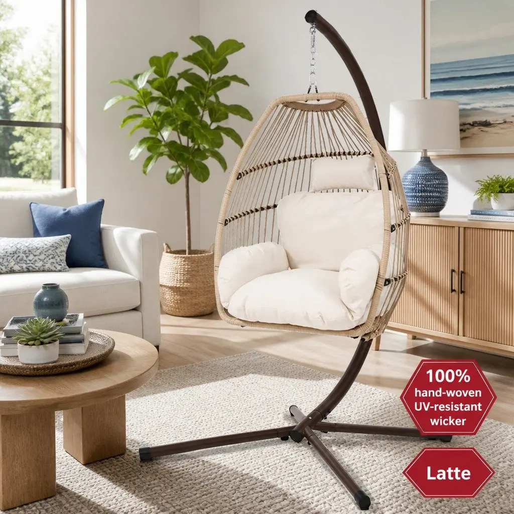 Hanging Egg Chair Pod Swing Wicker Rope Stand Rotating Outdoor Garden Patio
