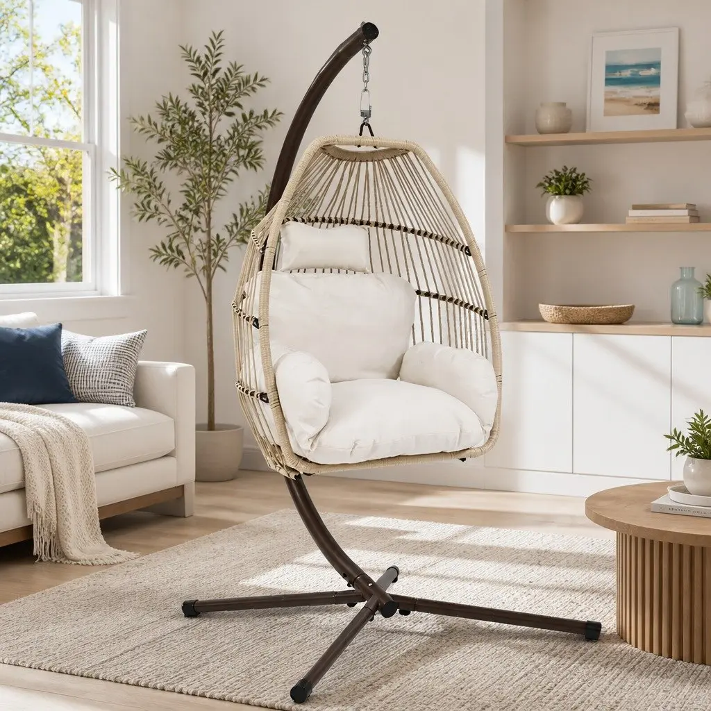 Hanging Egg Chair Pod Swing Wicker Rope Stand Rotating Outdoor Garden Patio
