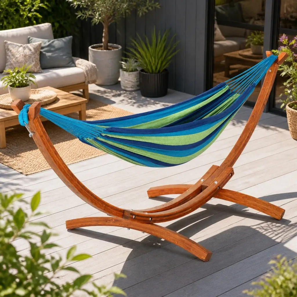 Hammock Bed Sky Blue 2-Person Wooden Stand Easy Setup Weather Resistant
