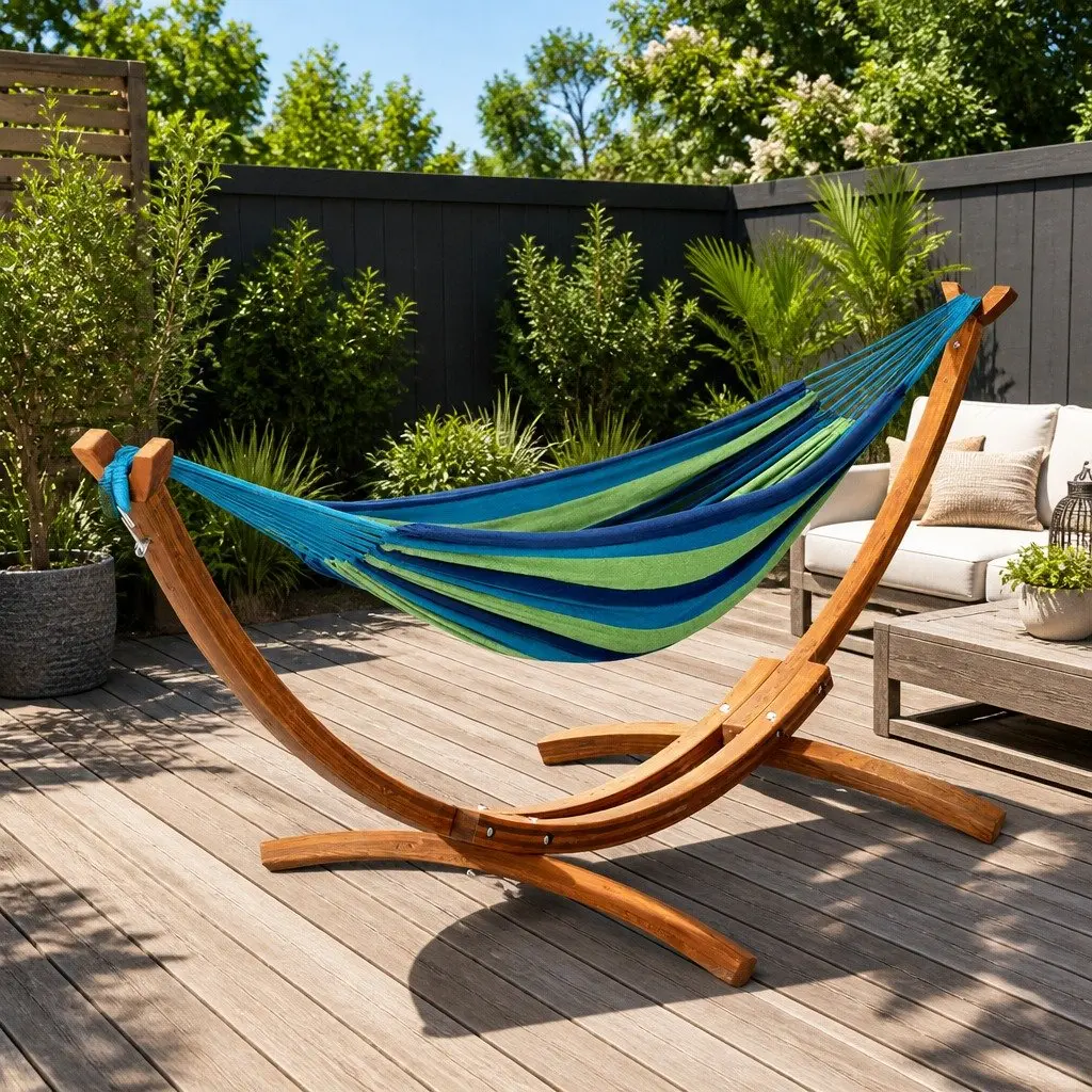Hammock Bed Sky Blue 2-Person Wooden Stand Easy Setup Weather Resistant