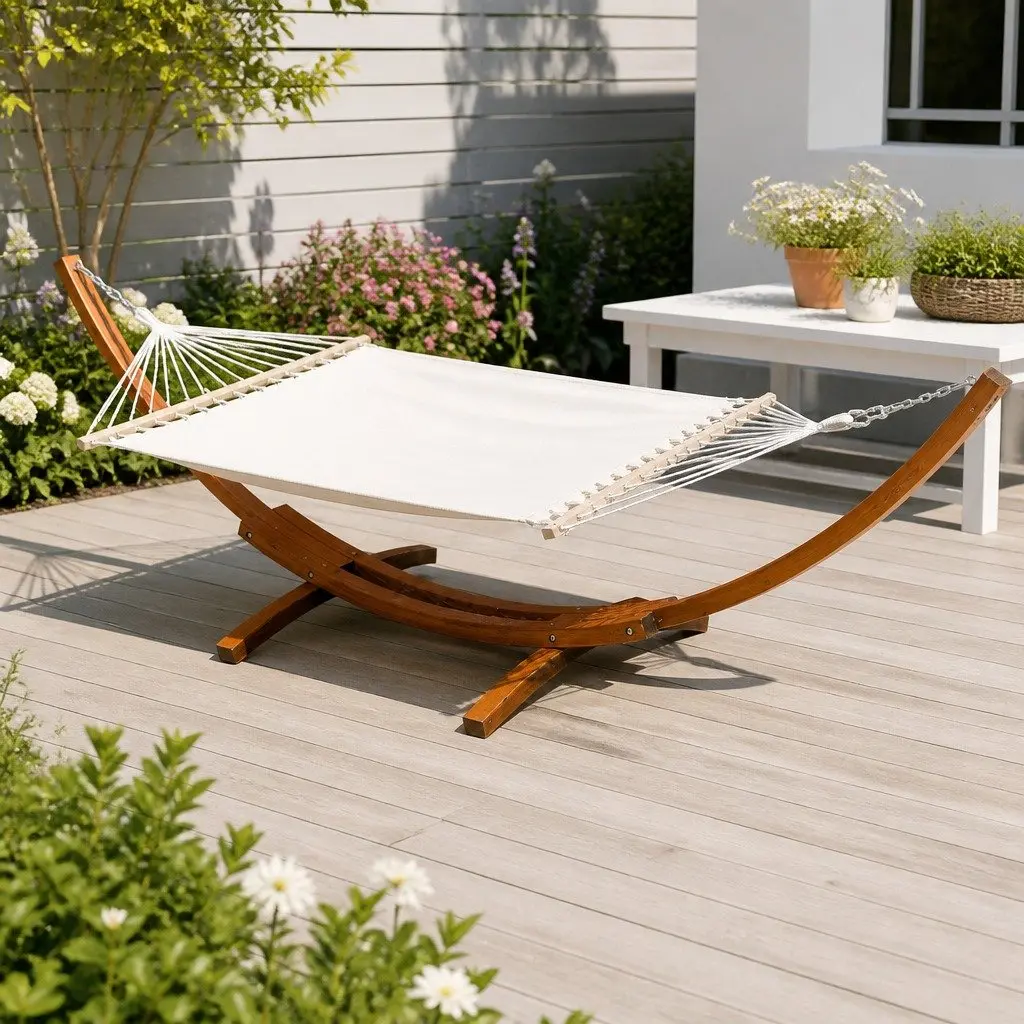 Hammock Bed Cream 2-Person Timber Stand Frame Outdoor Garden Relaxation