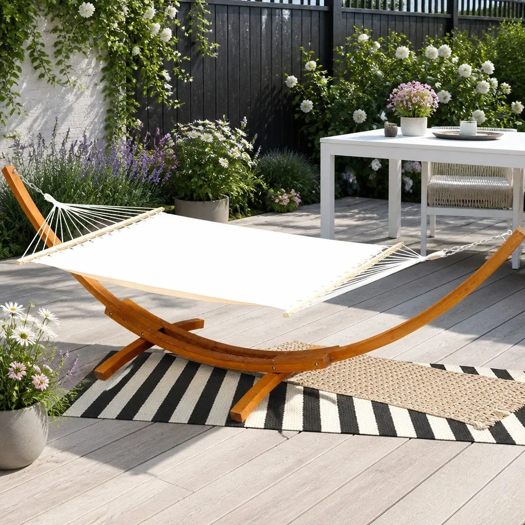 Hammock Bed Cream 2-Person Timber Stand Frame Outdoor Garden Relaxation