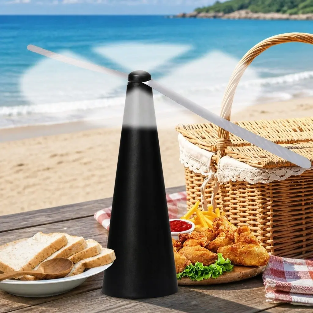 Fly Repellent Fan Black 24cm Non-Chemical Outdoor Picnic BBQ Deterrent Safe Soft Stop Blades