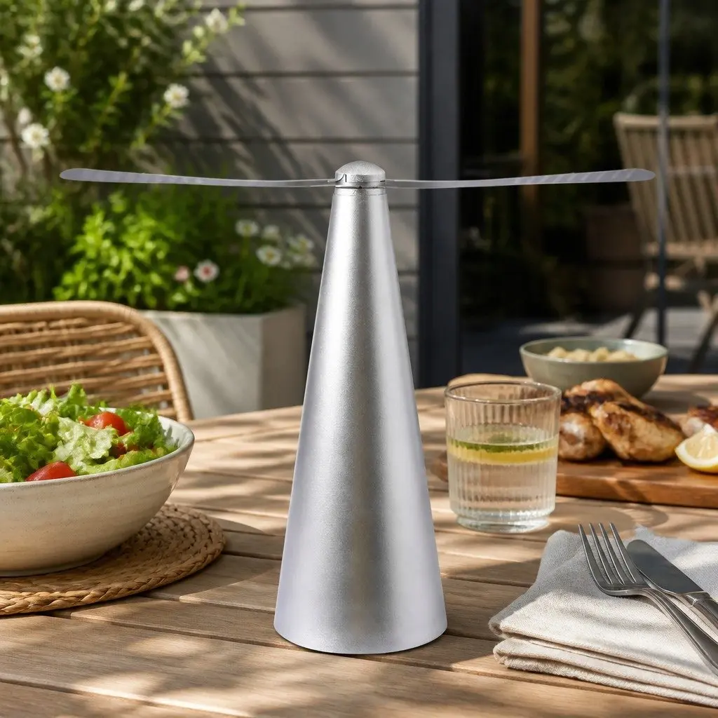 Fly Repellent Fan Silver 24cm Chemical-Free Outdoor Insect Deterrent