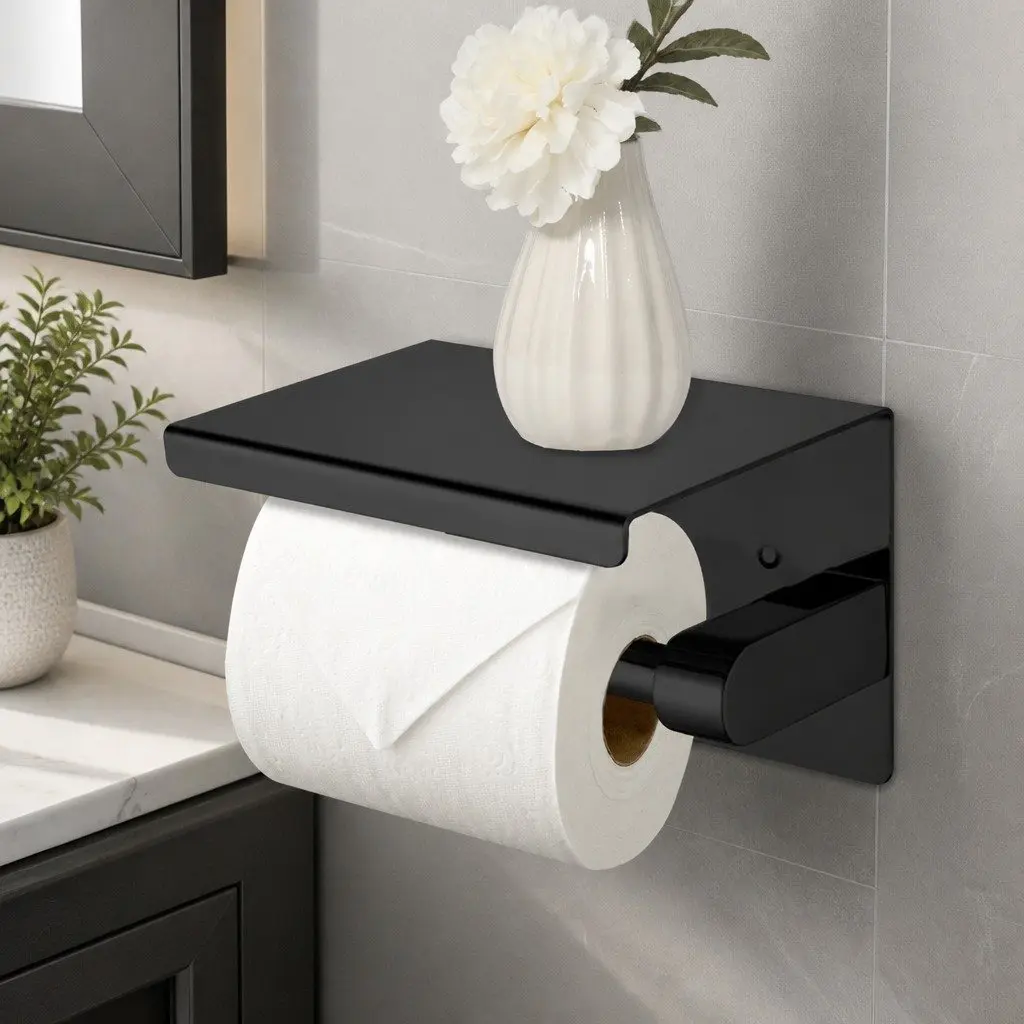 Toilet Paper Holder Wall Mount Roll Dispenser Bathroom Storage Black Tissue Rack