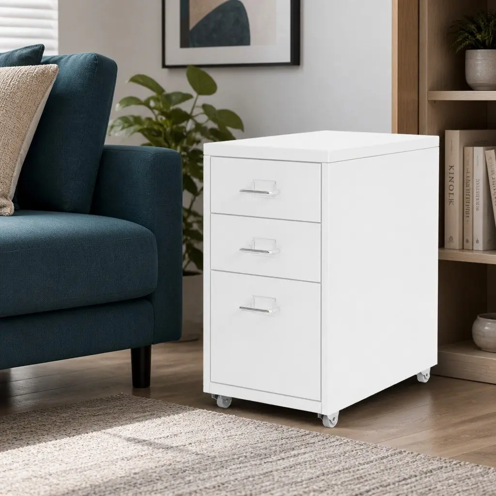Filing Cabinet White 3 Drawer Steel Frame Compact Office Storage Organizer