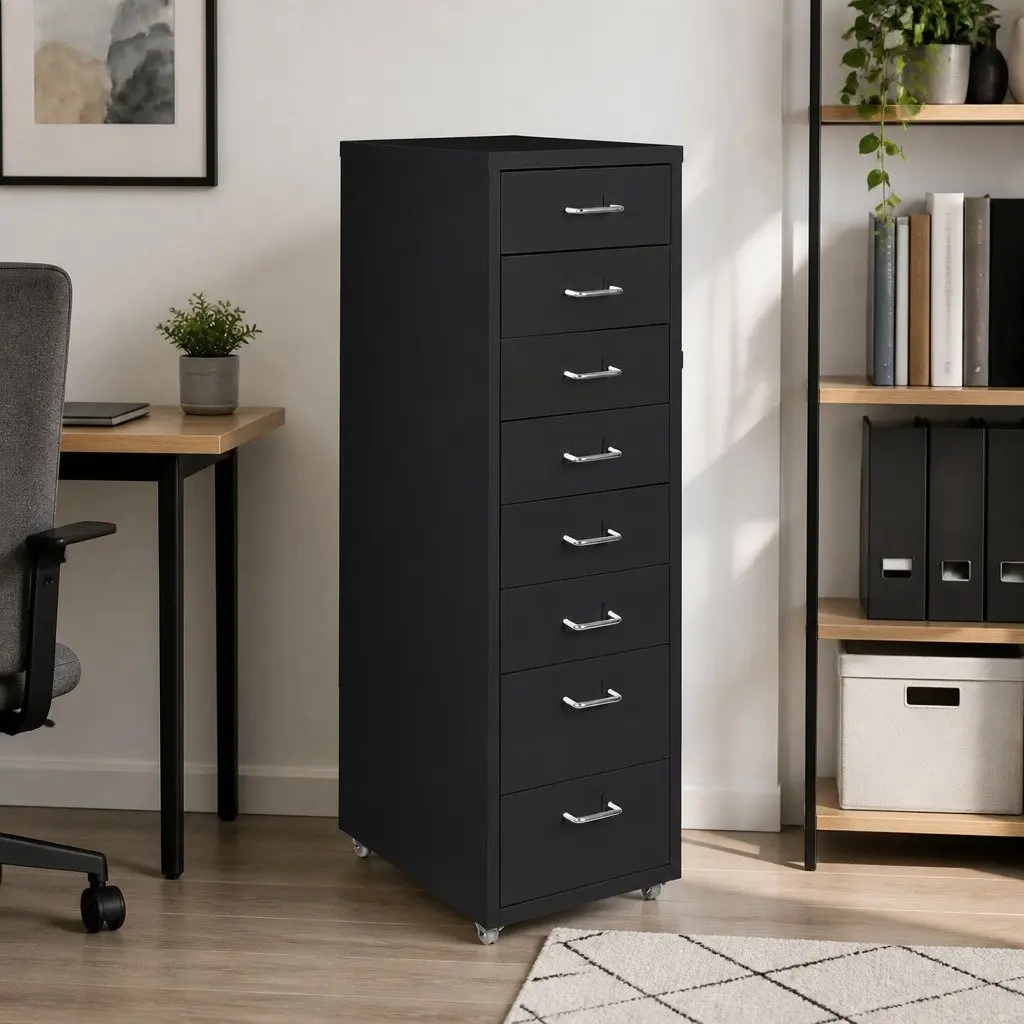 8 Drawer Filing Cabinet Black Compact Steel Office Storage Organizer