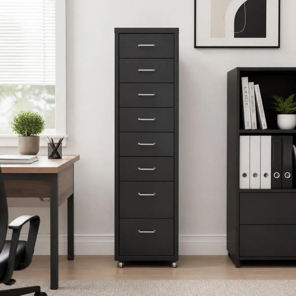 8 Drawer Filing Cabinet Black Compact Steel Office Storage Organizer