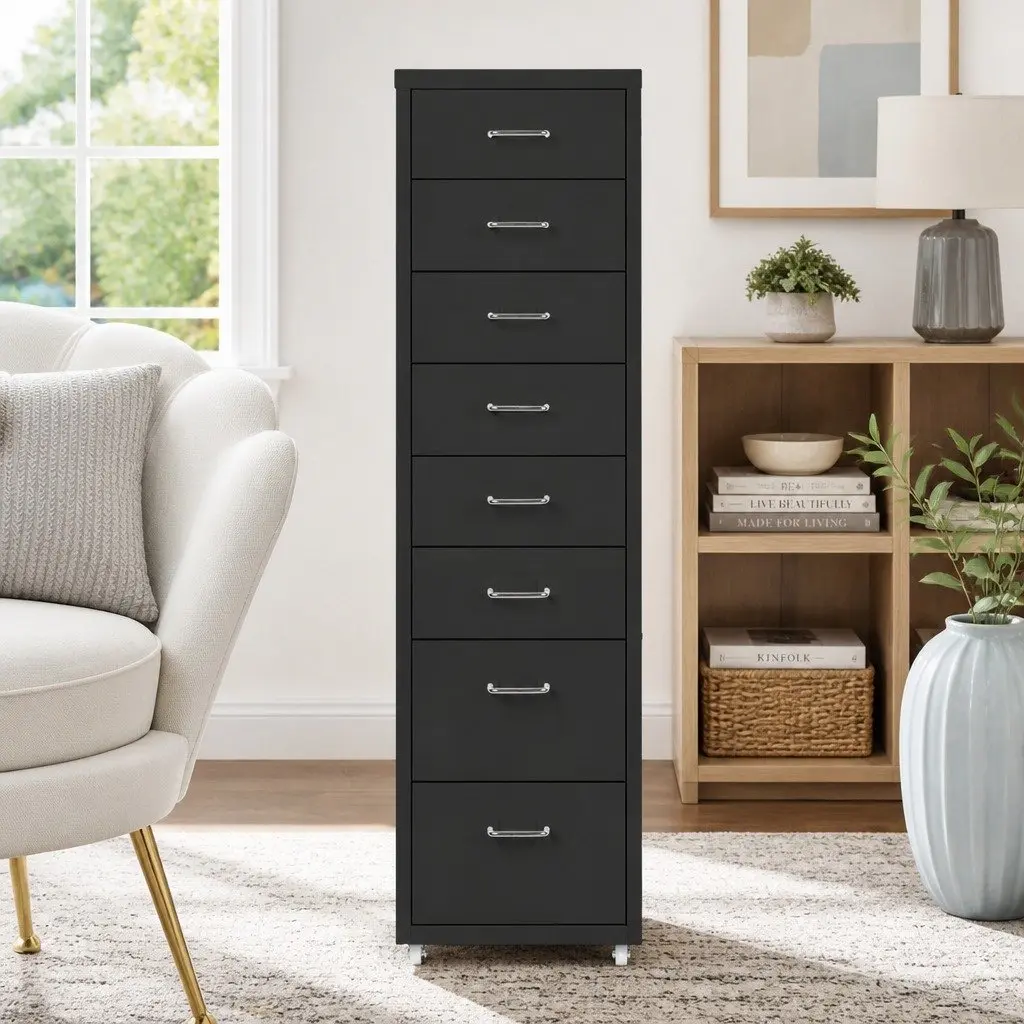 8 Drawer Filing Cabinet Black Compact Steel Office Storage Organizer