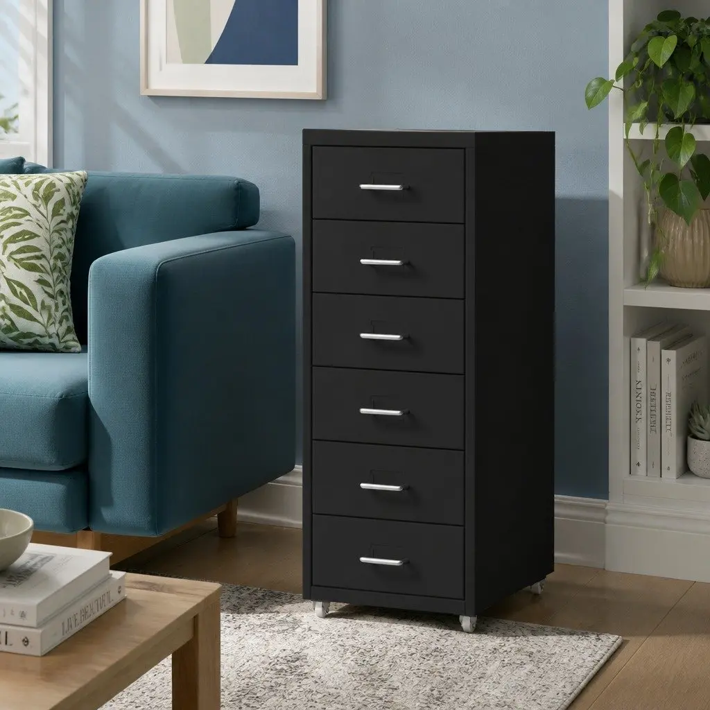 6 Drawer Filing Cabinet Black Steel Compact Office Storage Organizer