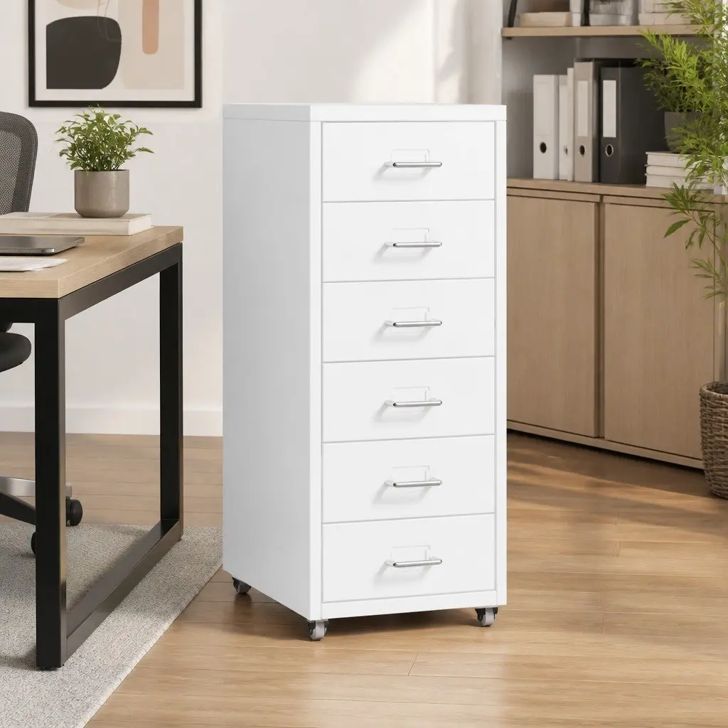 6 Drawer Filing Cabinet Office Storage Organizer Steel Frame White Desktop