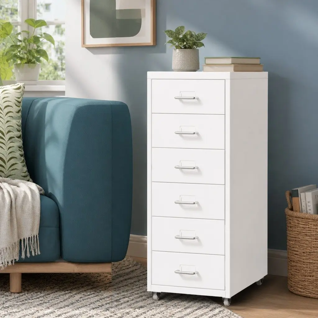 6 Drawer Filing Cabinet Office Storage Organizer Steel Frame White Desktop