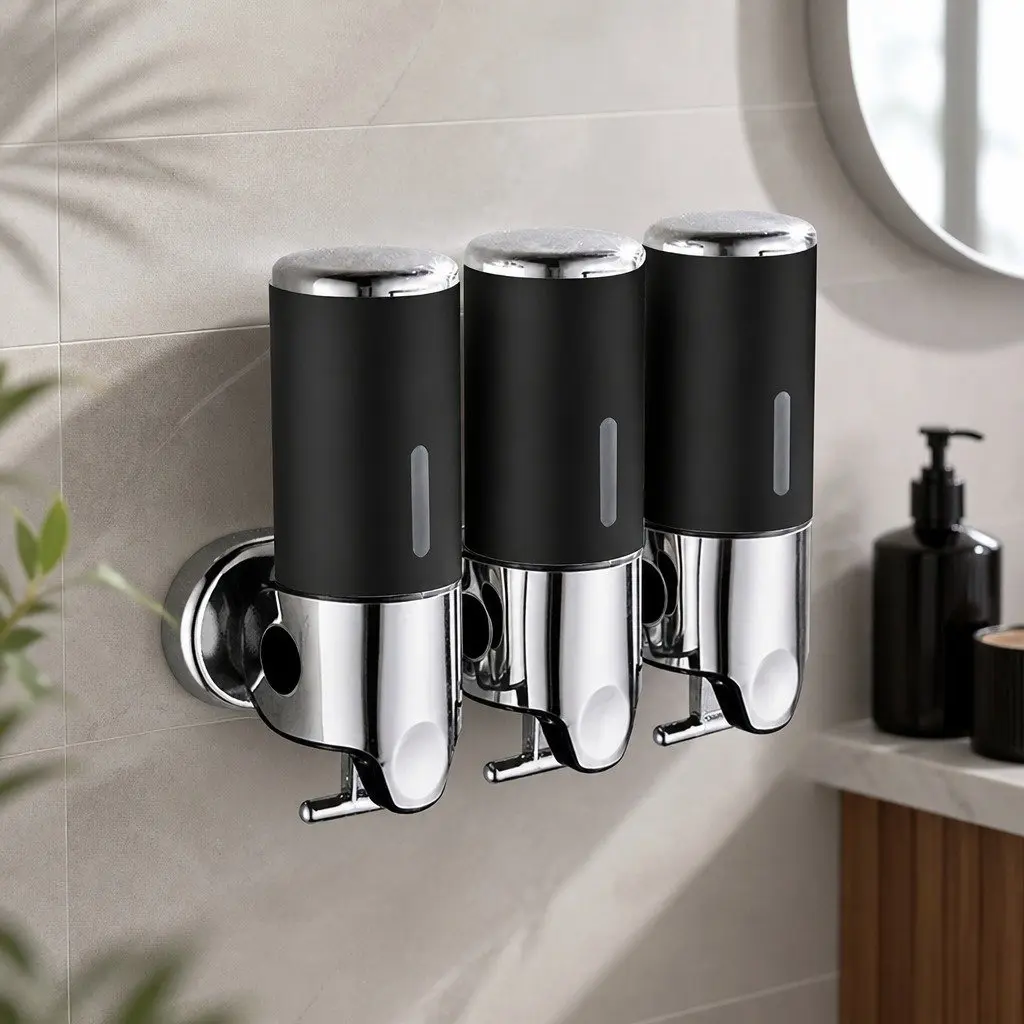 Wall Mounted Soap Dispenser Black 3 Bottles Easy to Install