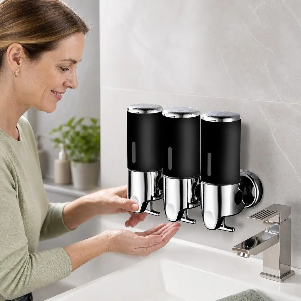 Wall Mounted Soap Dispenser Black 3 Bottles Easy to Install