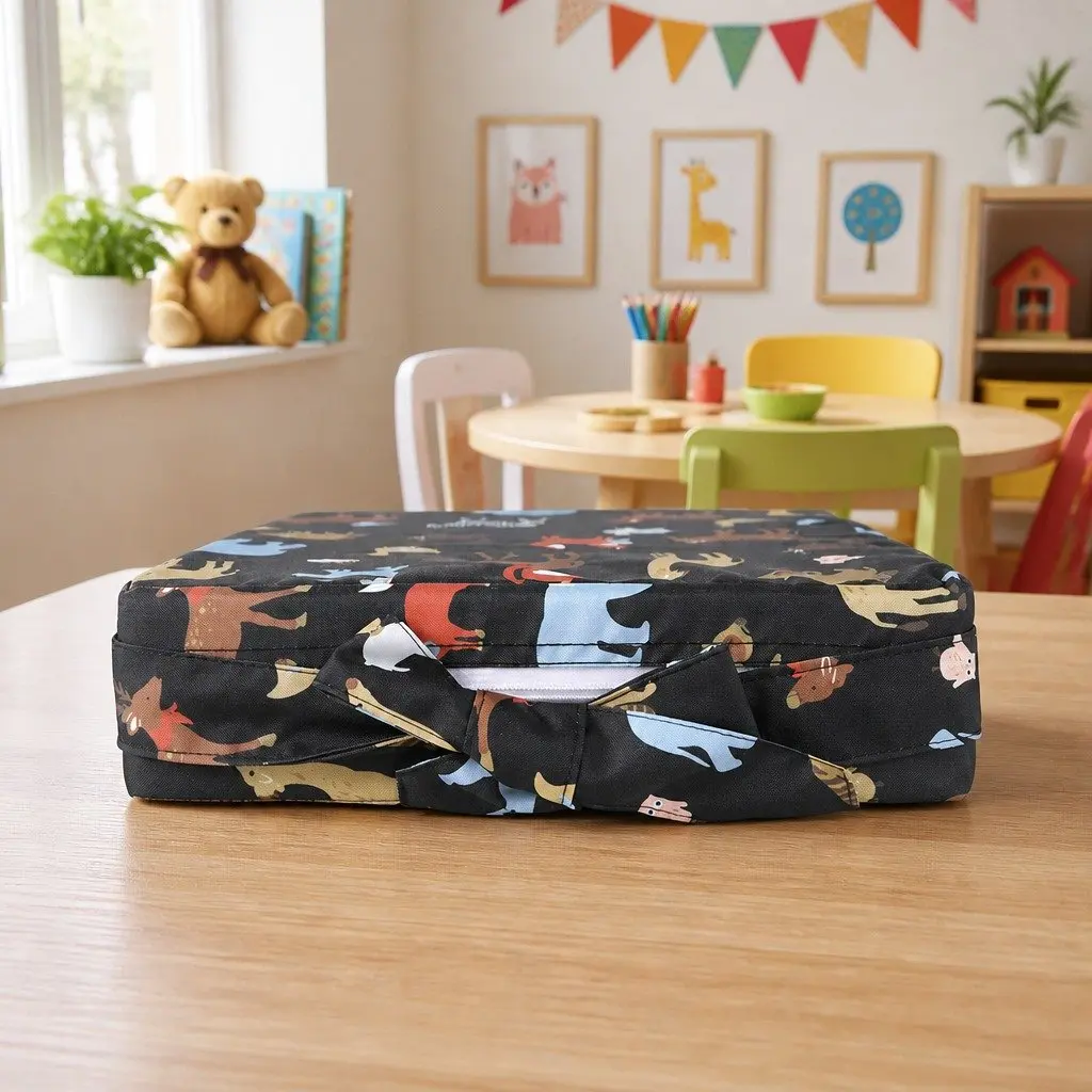 Kids Chair Cushion Black 32.5cm High Seat Pad Booster Removable Cover Secure Fastening