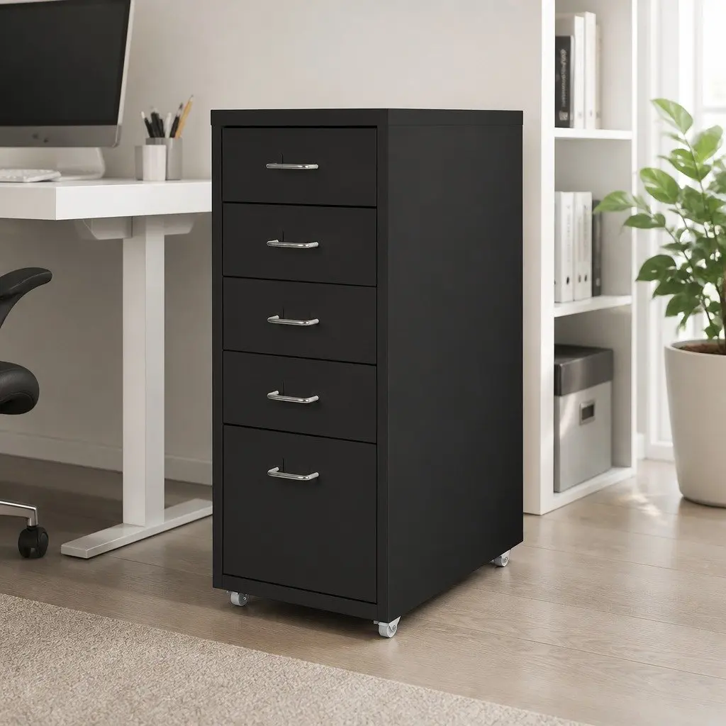 5 Drawer Filing Cabinet Black Compact Steel Office Storage Organizer
