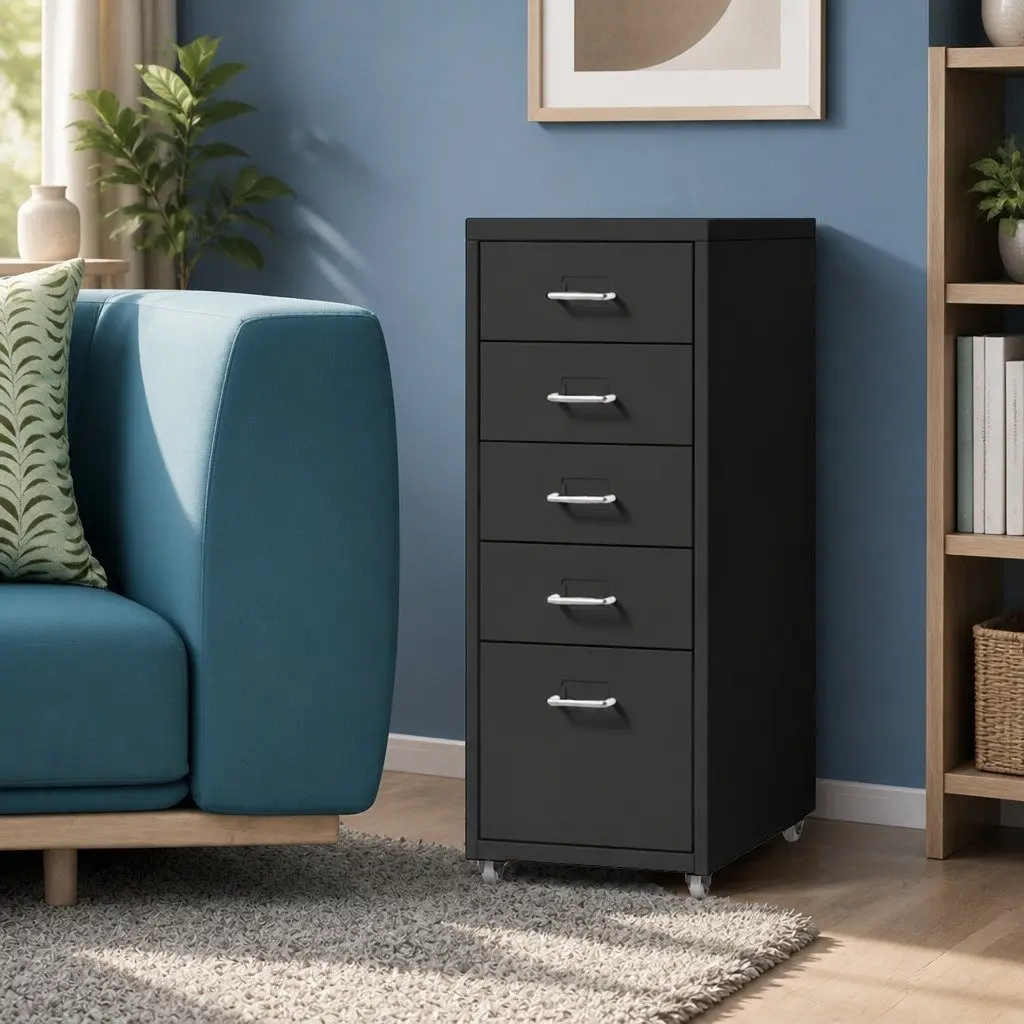 5 Drawer Filing Cabinet Black Compact Steel Office Storage Organizer