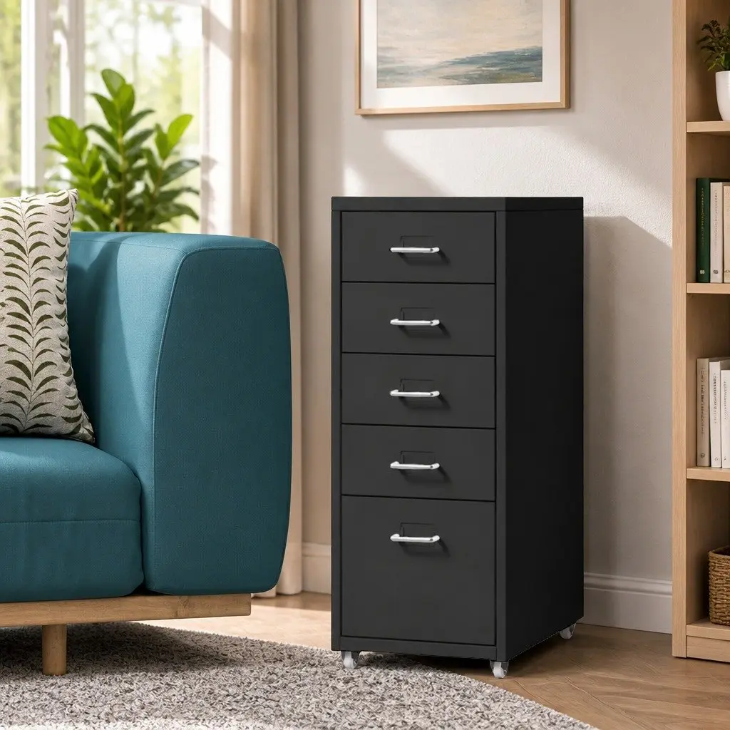 5 Drawer Filing Cabinet Black Compact Steel Office Storage Organizer
