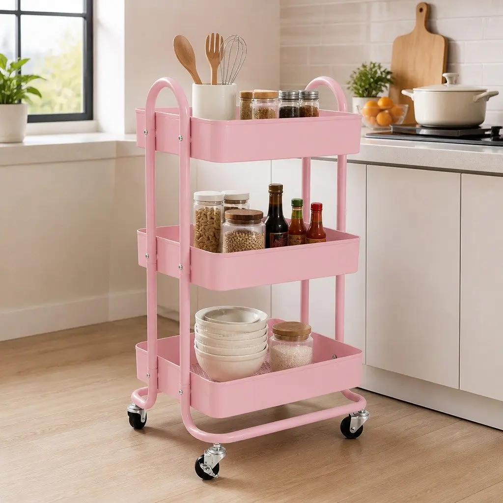 3-Tier Kitchen Trolley Cart Pink Compact Portable Storage Organiser with Mobile Wheels