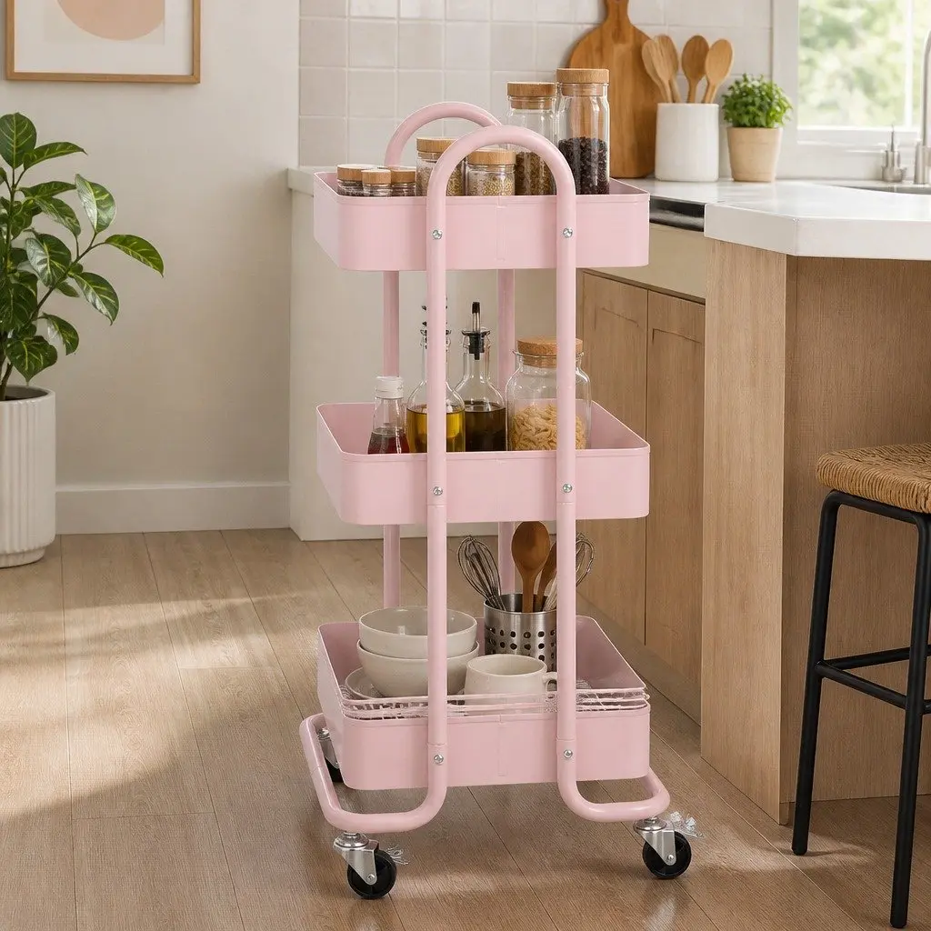 3-Tier Kitchen Trolley Cart Pink Compact Portable Storage Organiser with Mobile Wheels