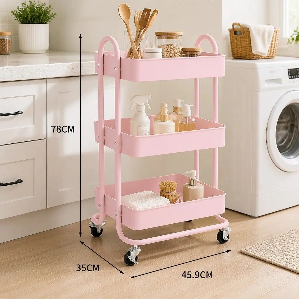 3-Tier Kitchen Trolley Cart Pink Compact Portable Storage Organiser with Mobile Wheels