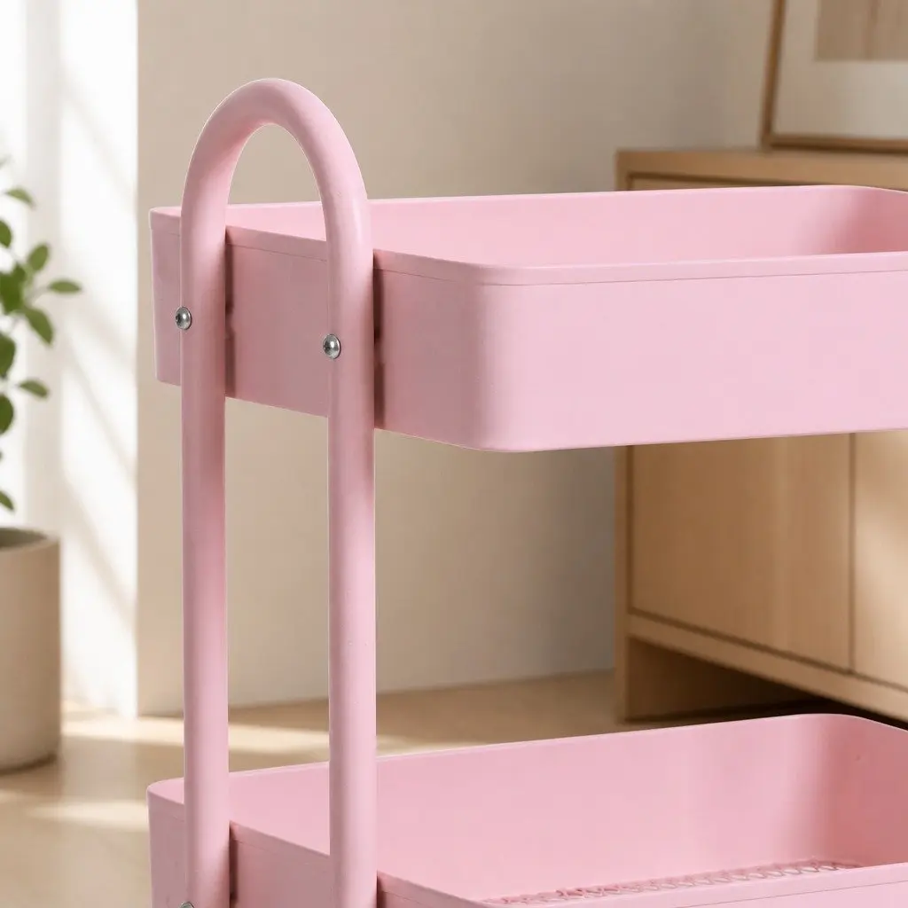3-Tier Kitchen Trolley Cart Pink Compact Portable Storage Organiser with Mobile Wheels