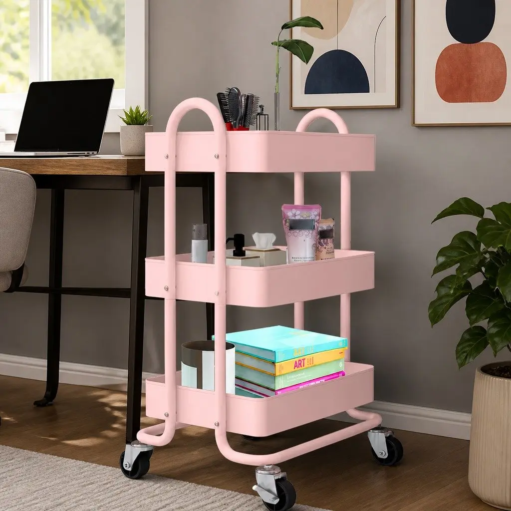 3-Tier Kitchen Trolley Cart Pink Compact Portable Storage Organiser with Mobile Wheels
