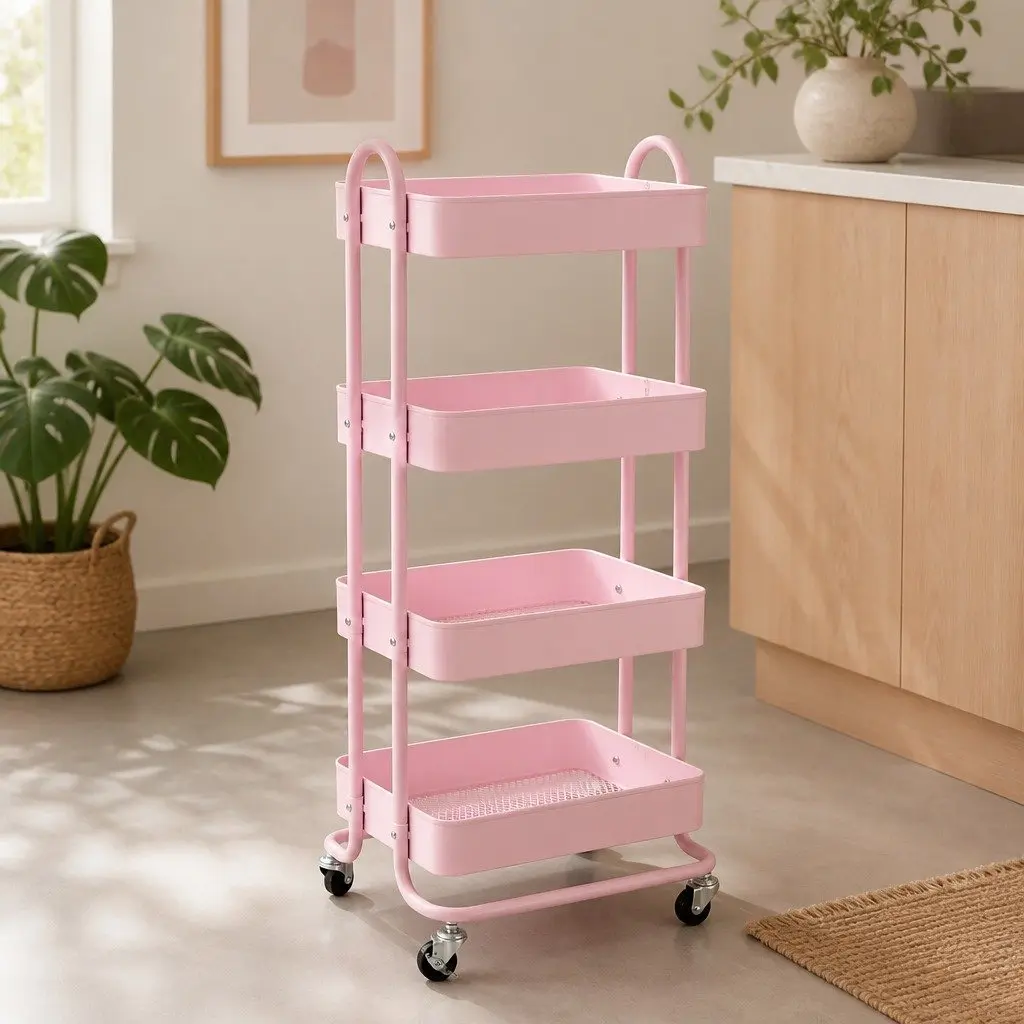 4-Tier Storage Trolley Pink Compact Rolling Cart with Wheels