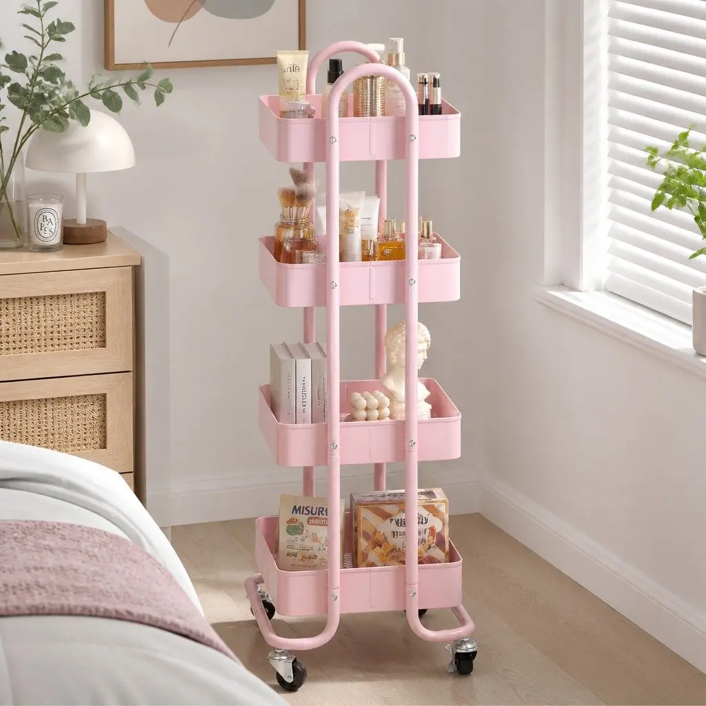 4-Tier Storage Trolley Pink Compact Rolling Cart with Wheels