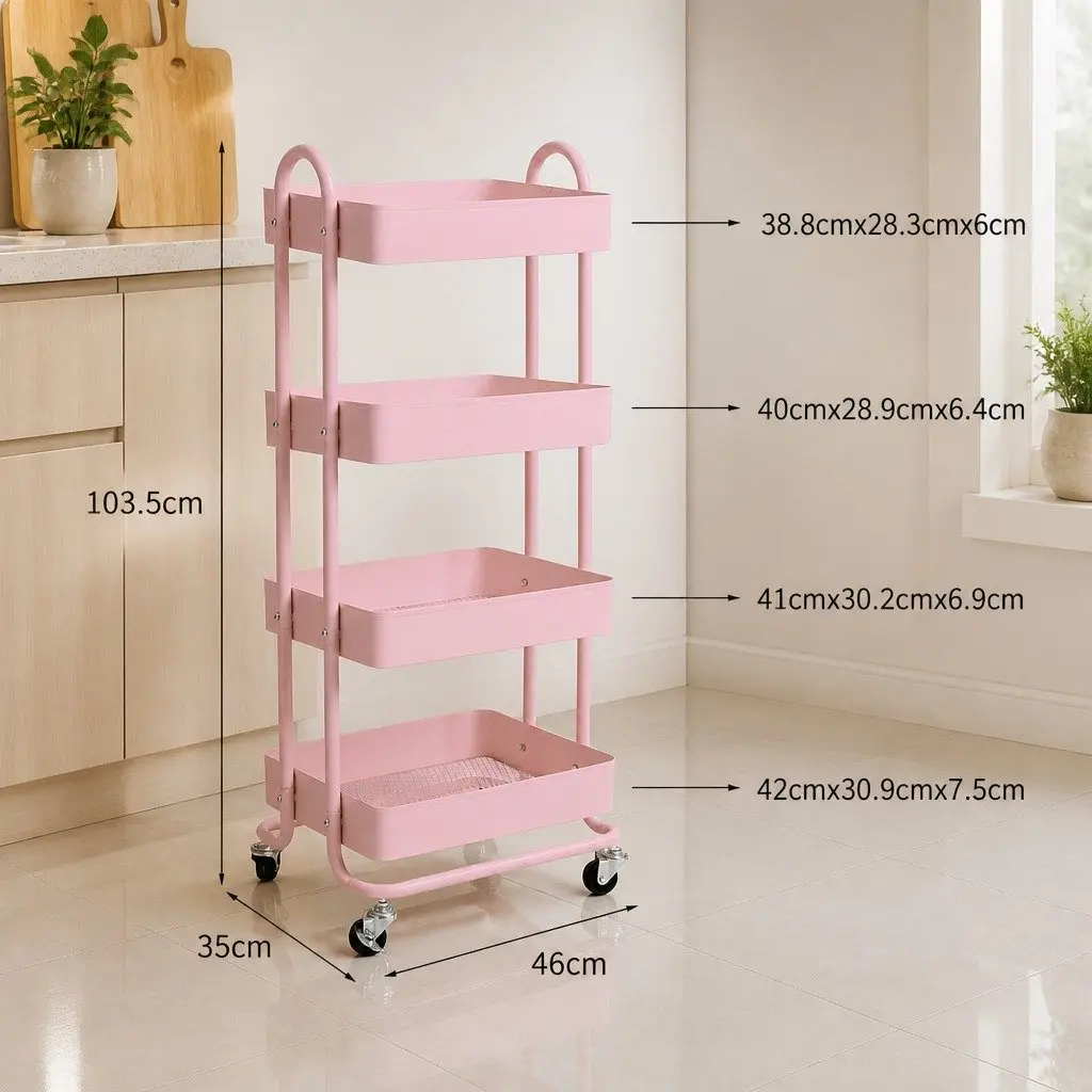 4-Tier Storage Trolley Pink Compact Rolling Cart with Wheels