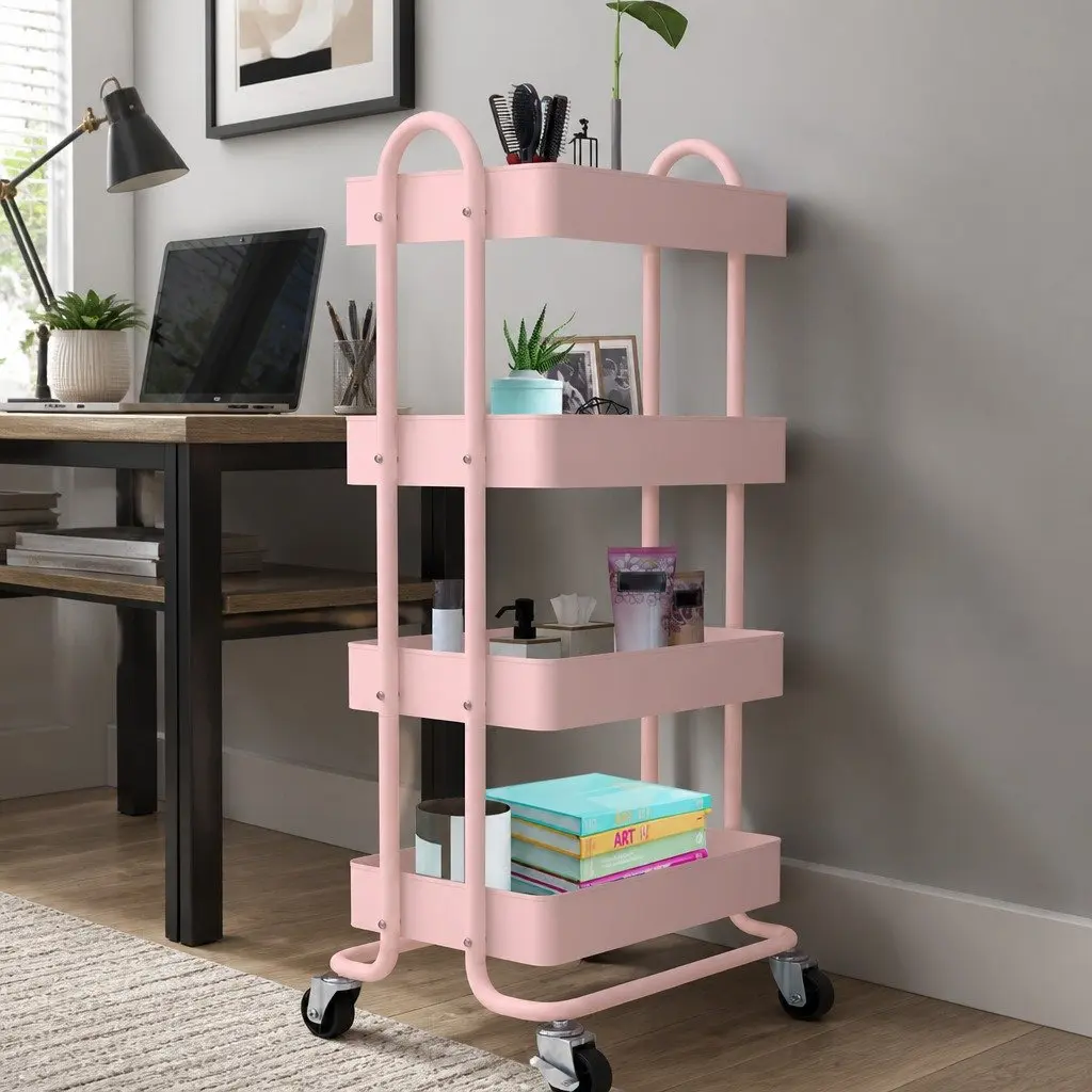 4-Tier Storage Trolley Pink Compact Rolling Cart with Wheels