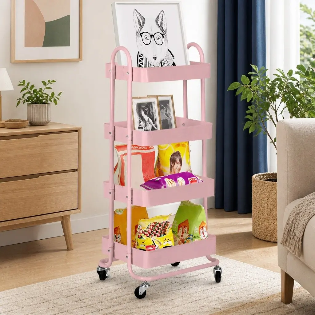 4-Tier Storage Trolley Pink Compact Rolling Cart with Wheels