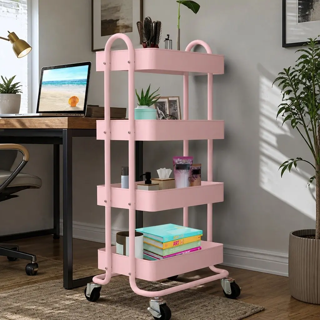 4-Tier Storage Trolley Pink Compact Rolling Cart with Wheels