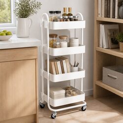 4-Tier Kitchen Storage Trolley Cart Rolling Wheels Lockable White Organiser