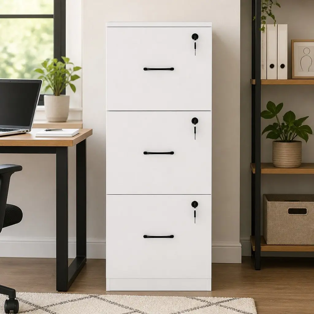 File Cabinet White 3 Drawer Lockable Office Home Organizer Modern
